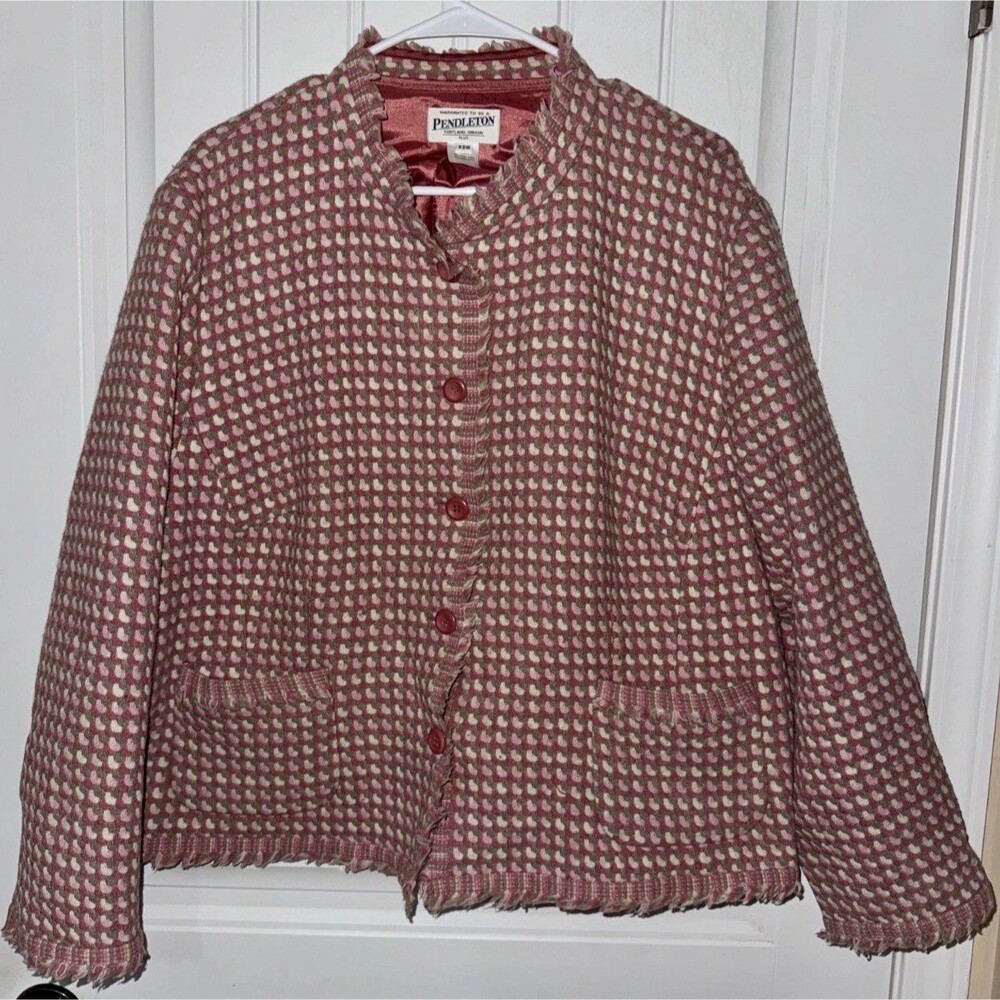 Pendleton Plaid Wool Blazer Jacket Pink Gray Plus Size 22 W Made In USA 2x 3x